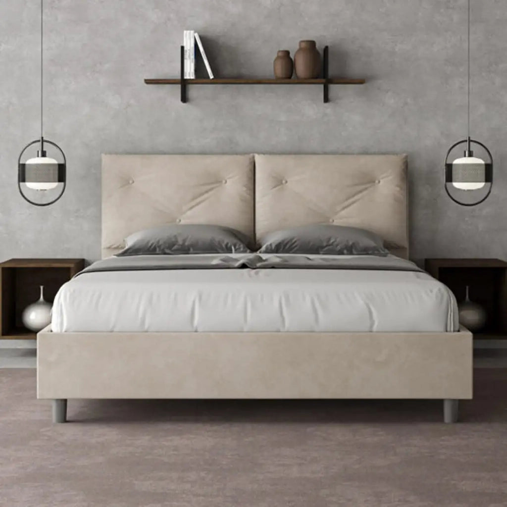 Letto matrimoniale con rete imbottito 160x210 microfibra sabbia Appia