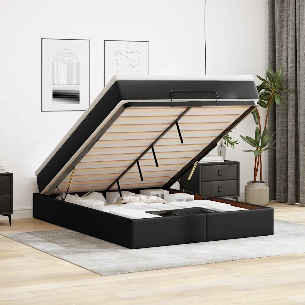 Struttura Letto Pouf con Materasso Nero 140x200 cm Similpelle