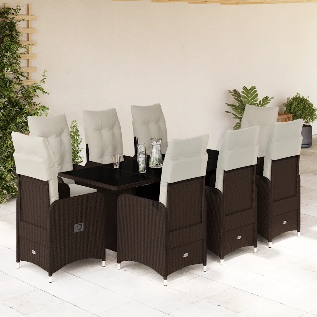 vidaXL Set Bistrò da Giardino 9 pz con Cuscini in Polyrattan Marrone