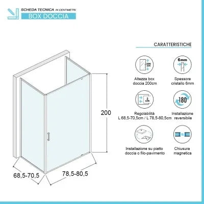 Box doccia 70x80x70 cm con porta a battente trasparente H 200 cm Ted