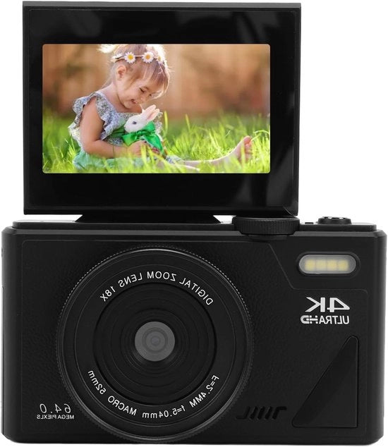 Camera digitale 4K 64 MP con zoom digitale 18x e autofocus, videocamera con schermo da 3 polliche rotativo e stabilizzatore anti-shake per streaming live e fotografia di viaggio.
