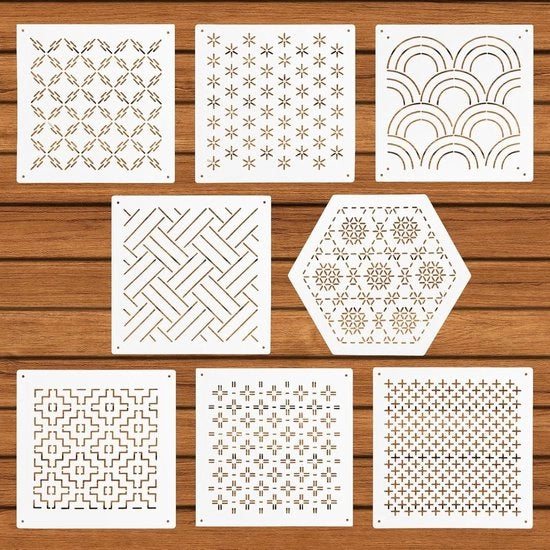Set di 8 stencil di plastica con disegni di sashiko geometrici, ideali per disegnare, cucire e fare un lavoro di cucito a mano con stabilizzatori resistenti e duraturi.