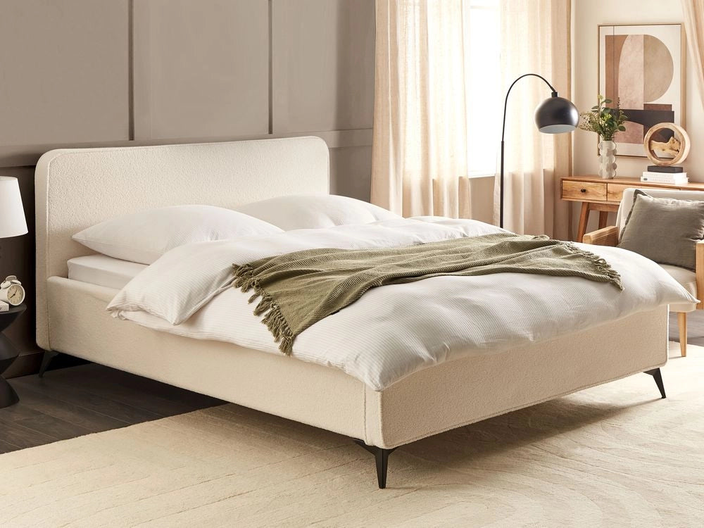 Letto matrimoniale imbottito in bouclé Bianco Sporco gambe in metallo nero 180x200 cm testiera stile classico minimalista