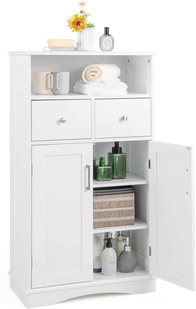 Armadietto da Bagno in MDF con Ripiani Regolabili, Mobiletto da Terra con 2 Ante e 2 Cassetti, Armadio Multifunzionale per Bagno, Soggiorno, Cucina, Bianco 60 x 30 x 108 cm (Grigio)