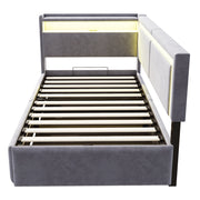 Letto contenitore singolo 90×200 cm con testiera portaoggetti; LED e USB; materasso escluso; velluto grigio chiaro