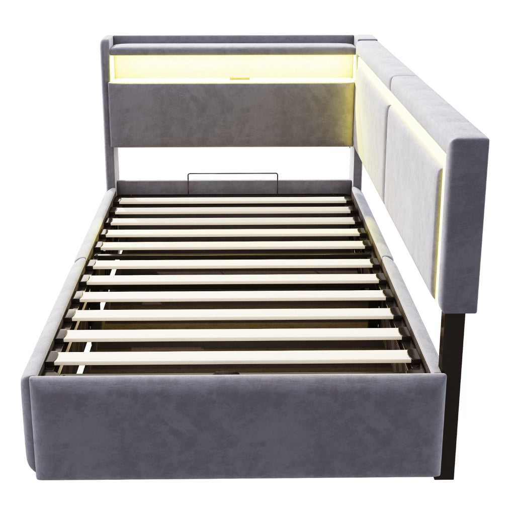 Letto contenitore singolo 90×200 cm con testiera portaoggetti; LED e USB; materasso escluso; velluto grigio chiaro