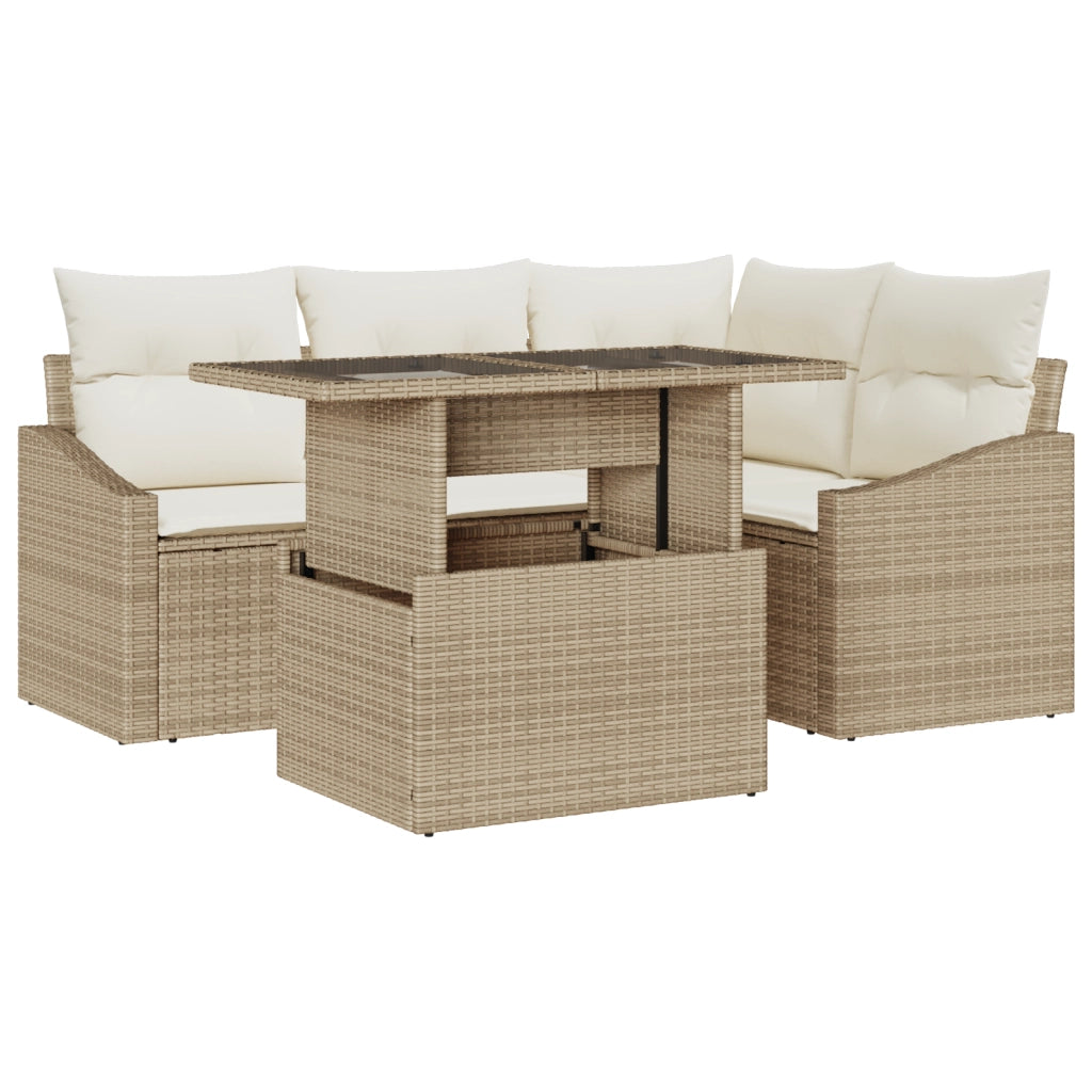 Set Divano Giardino 5 Pezzi con Cuscini Beige Poly Rattan