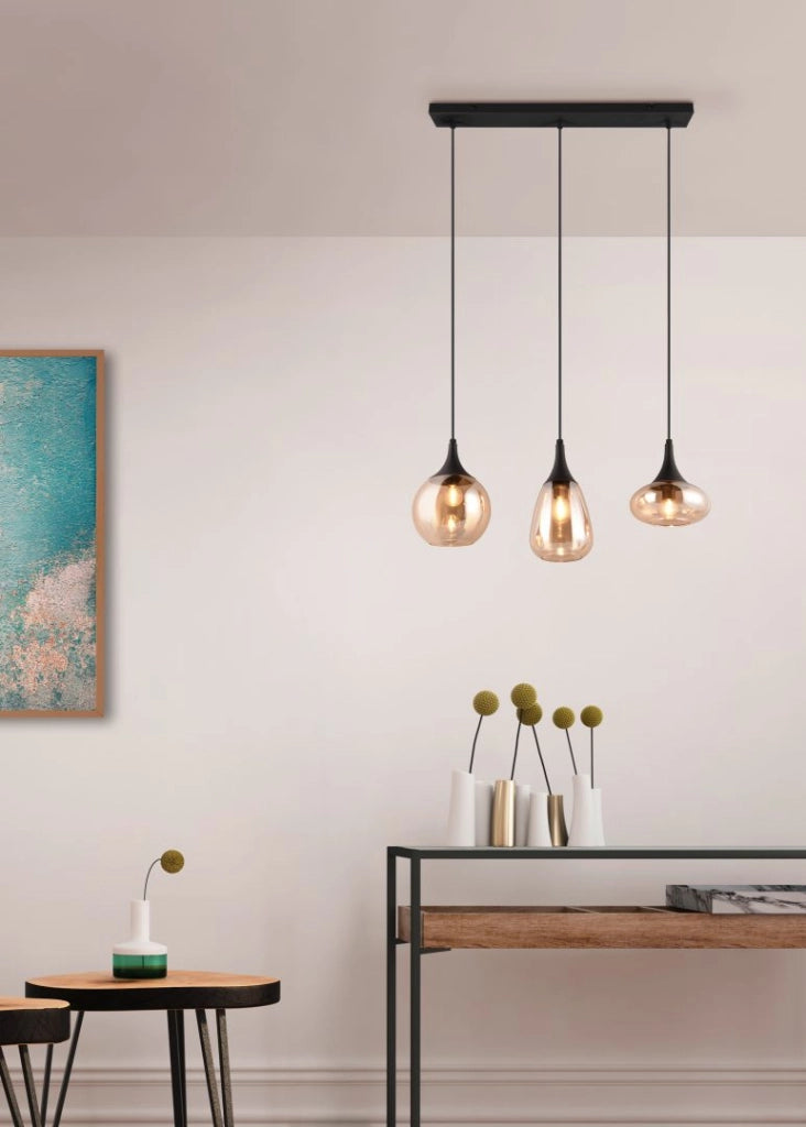 Lampada a sospensione 3 diffusori, metallo, nero e ambra, L 68 cm, Lumina
