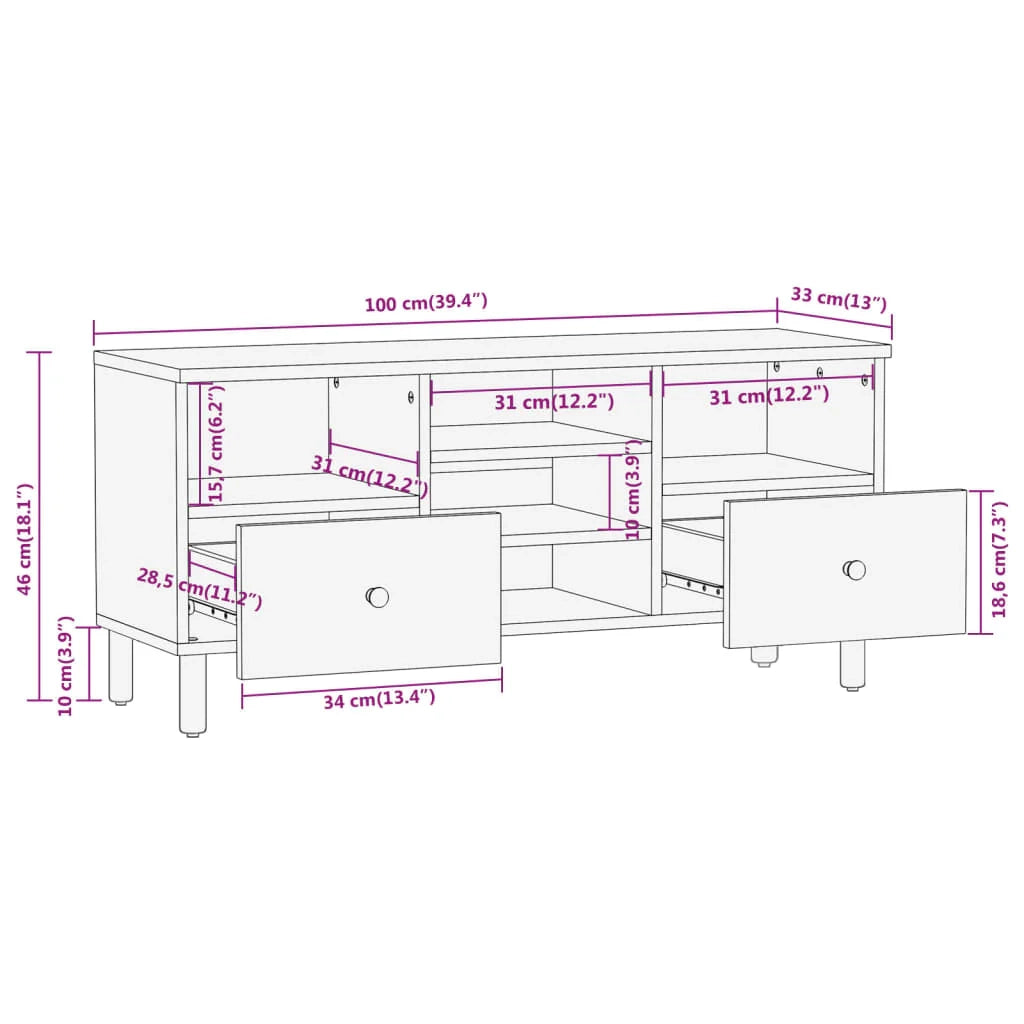 Mobile TV multimediale mensola per TV credenza per TV sala da pranzo soggiorno camera da letto 100 x 33 x 46 cm legno massello di mango marrone 02_0025458