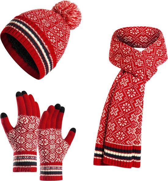 Set di cappello, sciarpa e guanti a tre pezzi, cappello e sciarpa a maglia, cappello termico in pompom, guanti e sciarpa a due pezzi con guanti touchscreen, regalo di Natale caldo, adatto per abbigliamento esterno per uomini e donne - rosso intenso