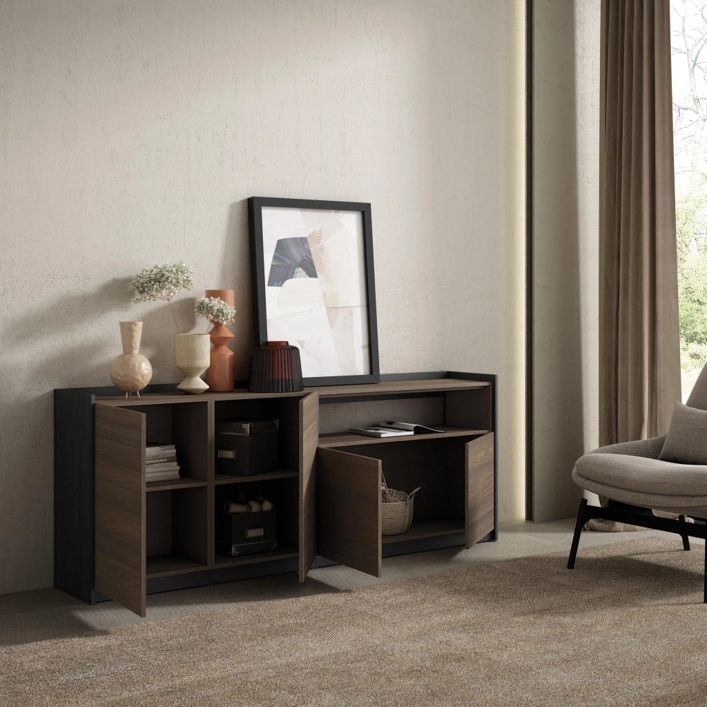 Credenza, Mobile, Cucina, 207x80x37 cm, 4 Porte, grande stoccaggio, Rovere scuro e Nero