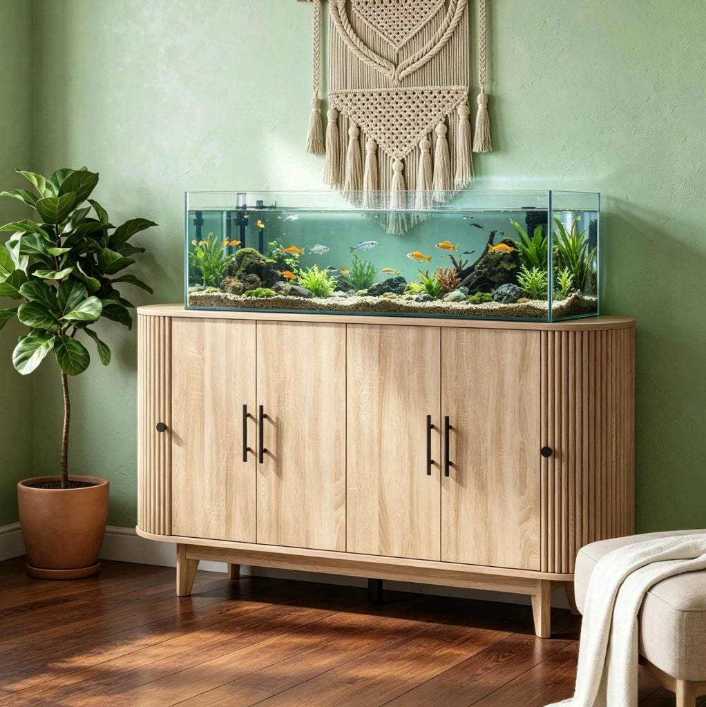 Credenza 147x40x76 cm crema in MDF; ripiani regolabili e piano ovale