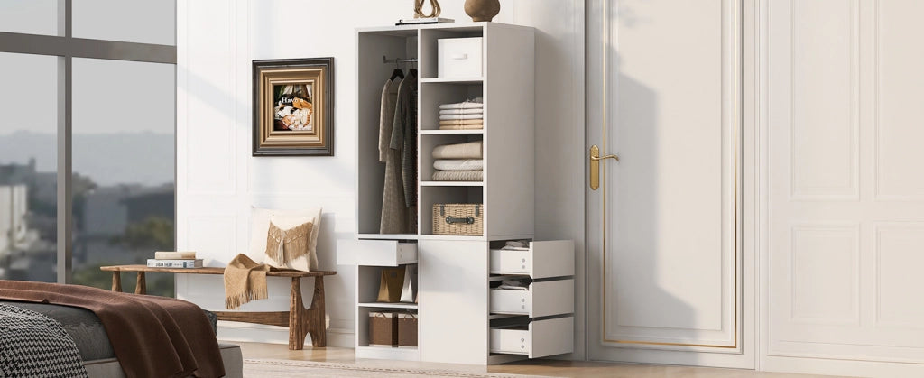 Armadio con ripiani, cassetti e asta appendiabiti 70 x 50 x 170 cm, colore bianco