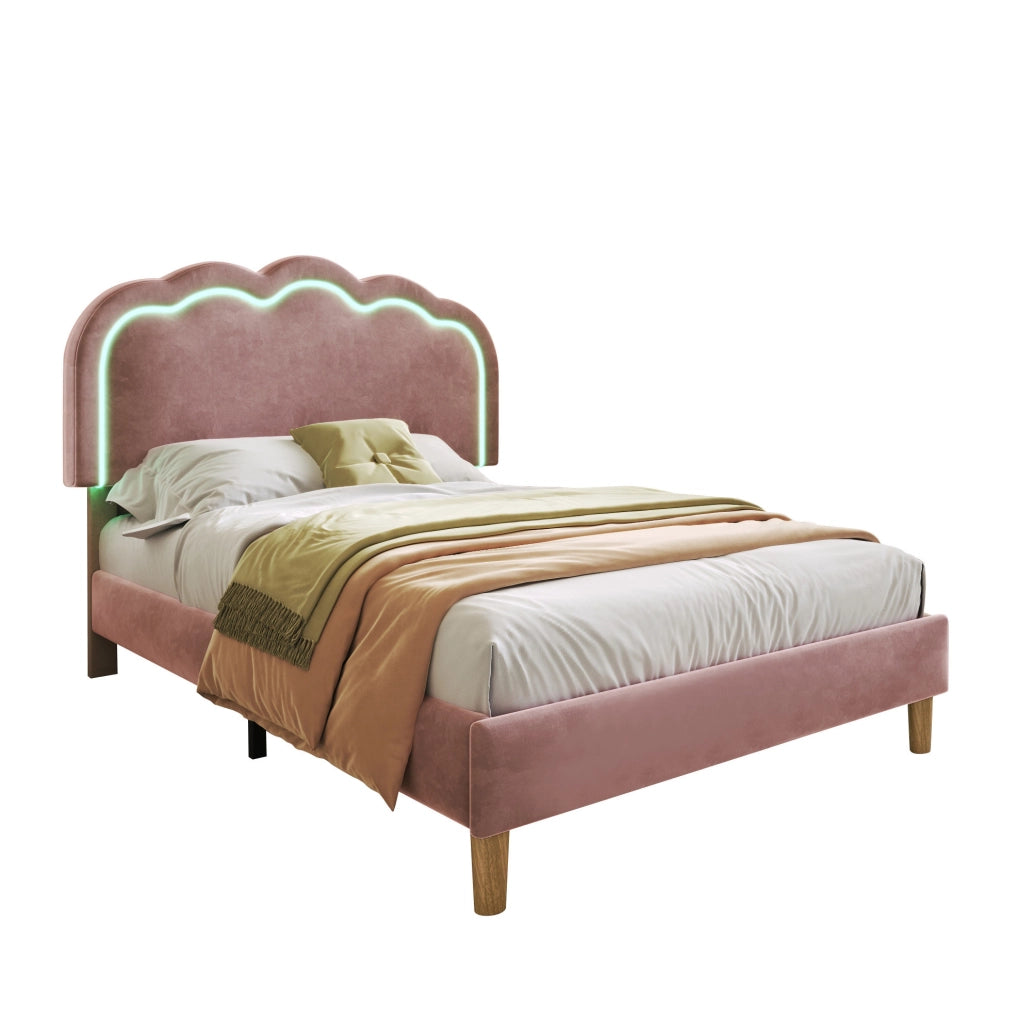 Letto singolo ULEVR 90x190 cm in velluto rosa con testiera regolabile e LED multicolore