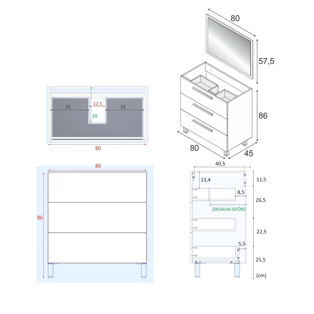 Mobile sottolavabo Elleboro, Mobiletto per bagno, Armadio a 3 cassetti e specchio, lavabo non incluso, cm 80x45h86, Bianco lucido