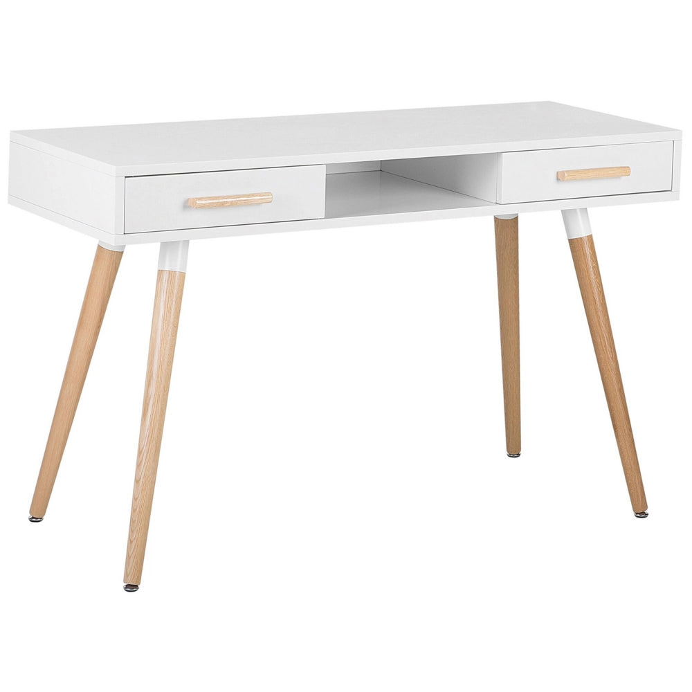Scrivania Bianca 120 x 45 cm 2 Cassetti Scaffale Gambe in Legno Massello Scandinavo