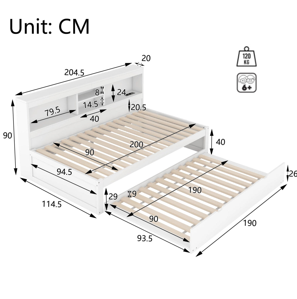 Letto singolo 90x200 cm con letto estraibile, LED e USB