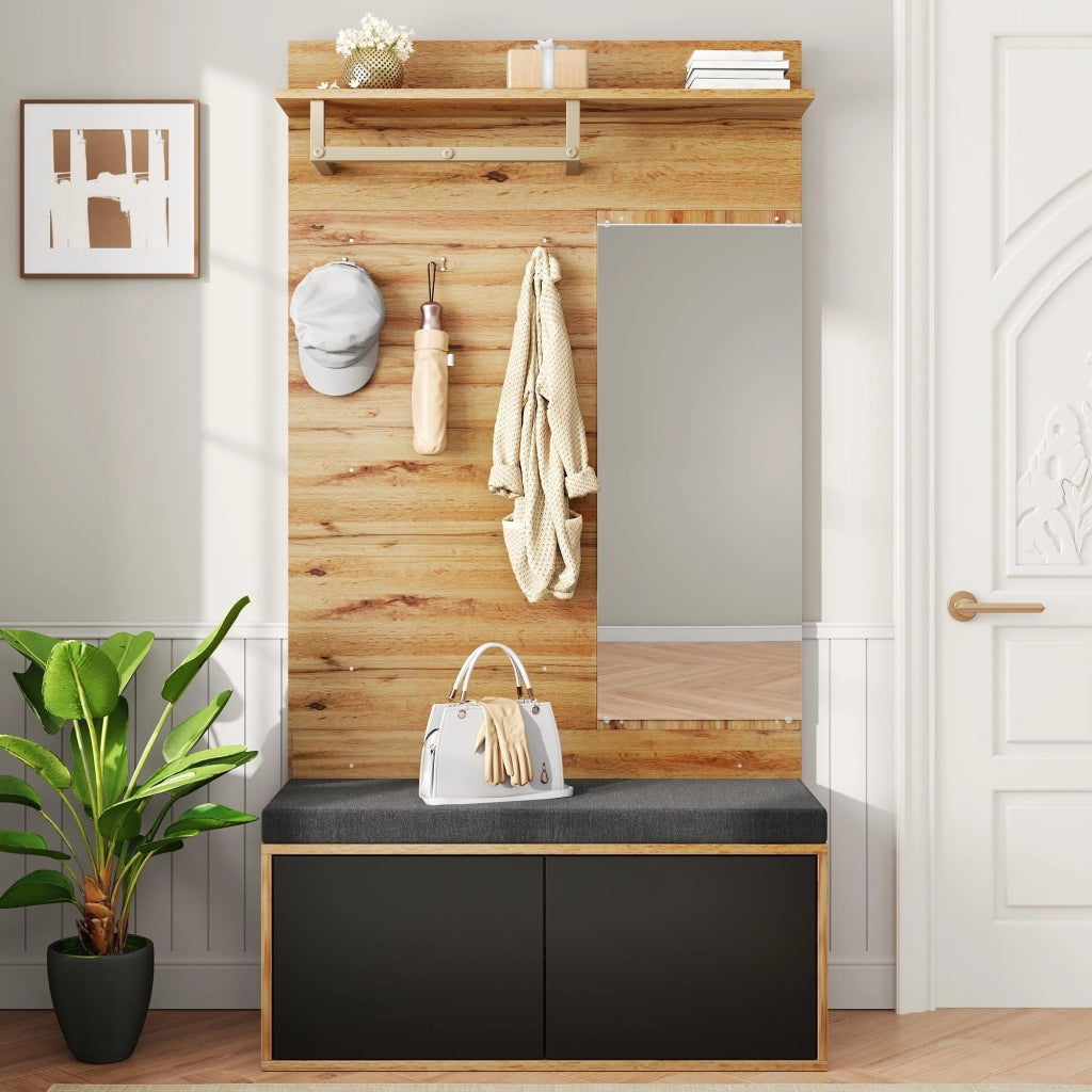 Ensemble de meubles de salon Mobile ingresso con specchio, seduta e vani in truciolare nero