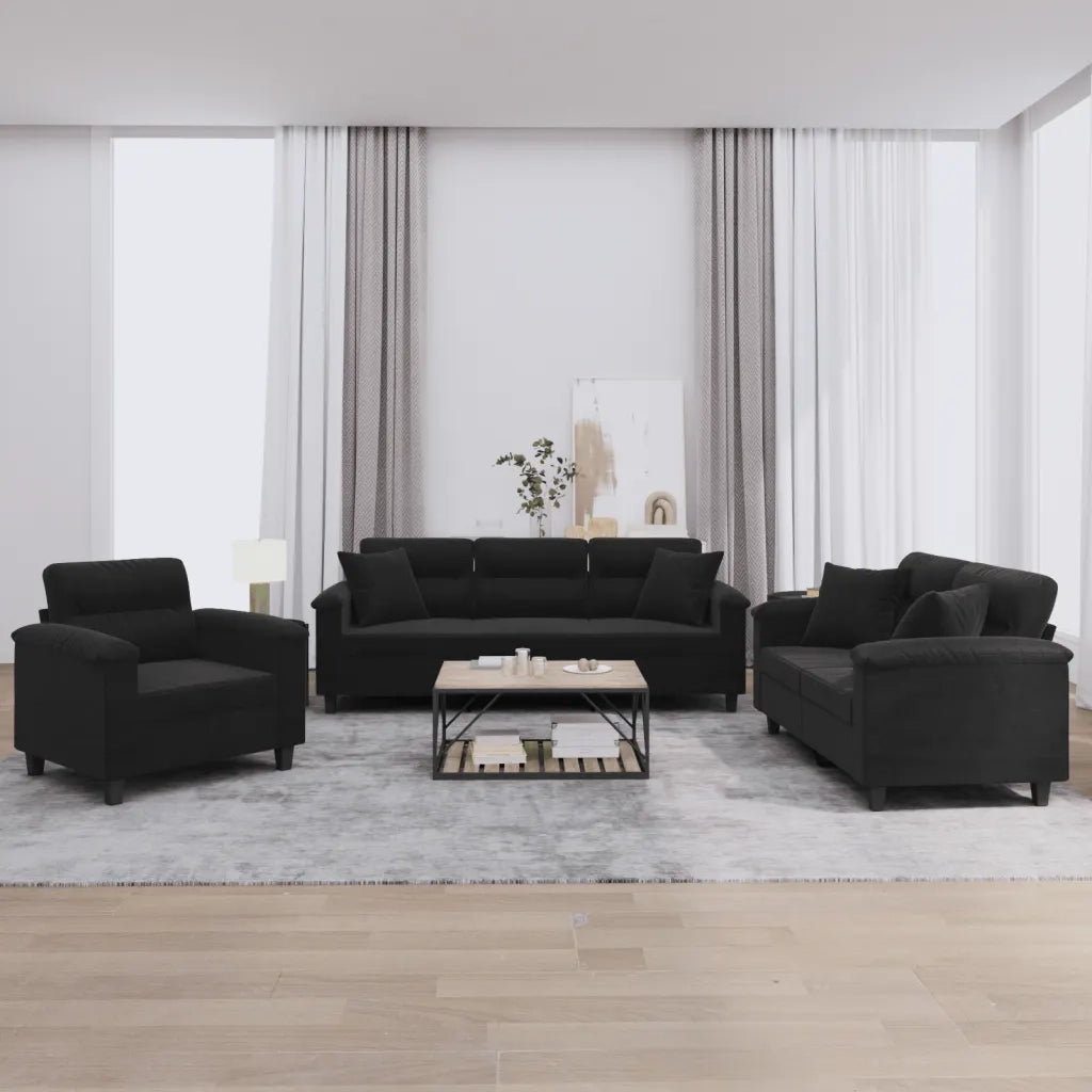 Set Divani 3 pz con Cuscini Nero in Tessuto Microfibracod mxl 107098