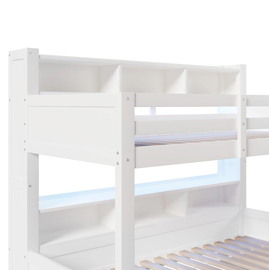 Letto a castello bianco 90x200 + 140x200 cm con LED, scala e cassetto