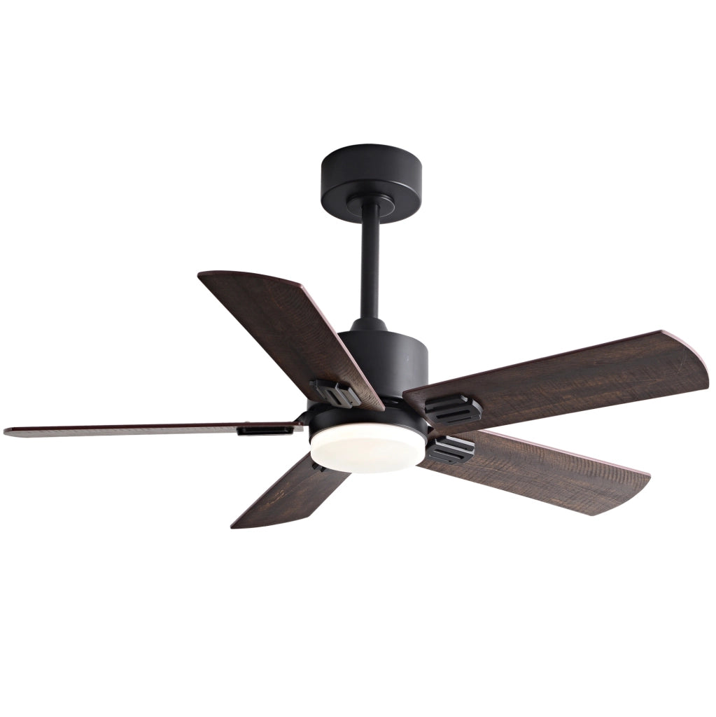 Ventilatore da soffitto 42 pollici con luce LED; 5 pale; telecomando; nero e noce scuro
