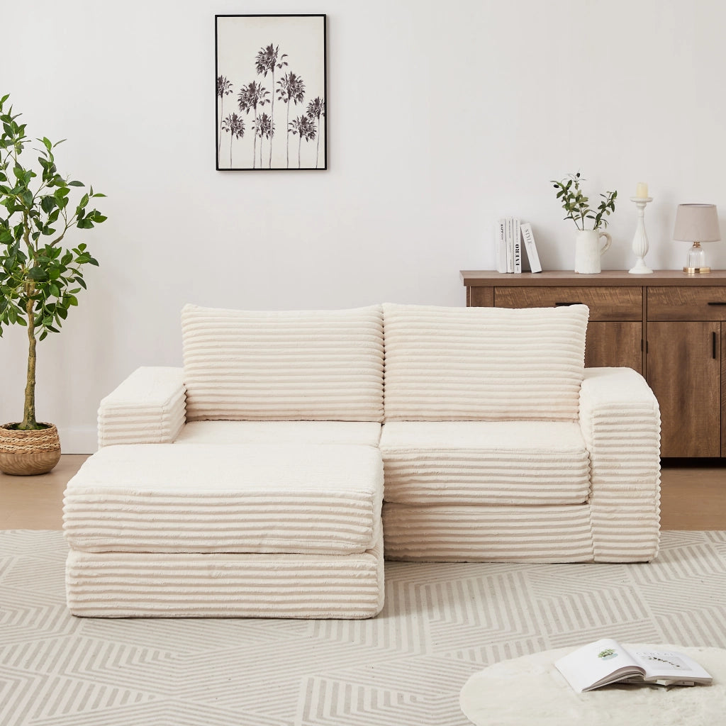 Divano letto modulare con poggiapiedi rimovibile e moduli combinabili in tessuto a coste beige