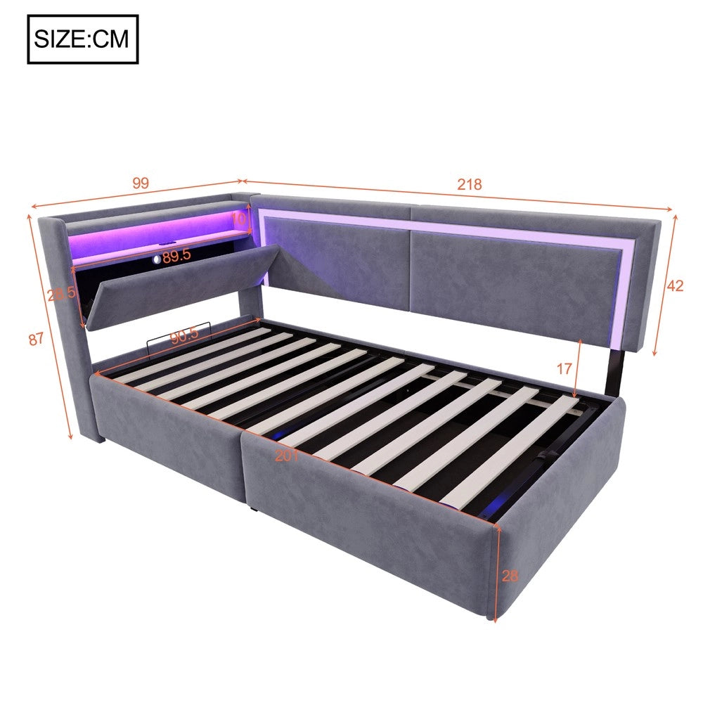 Letto Imbottito Contenitore con LED ¨C MINIMAL ¨C Velluto Grigio Scuro 90x200