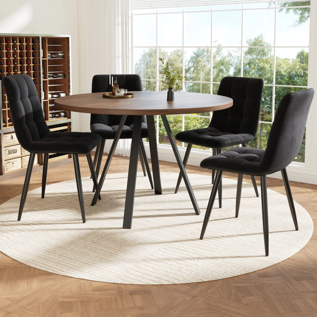 Tavolo da pranzo rotondo con 4 sedie in velluto, piano in MDF e gambe in metallo, per cucina e sala da pranzo