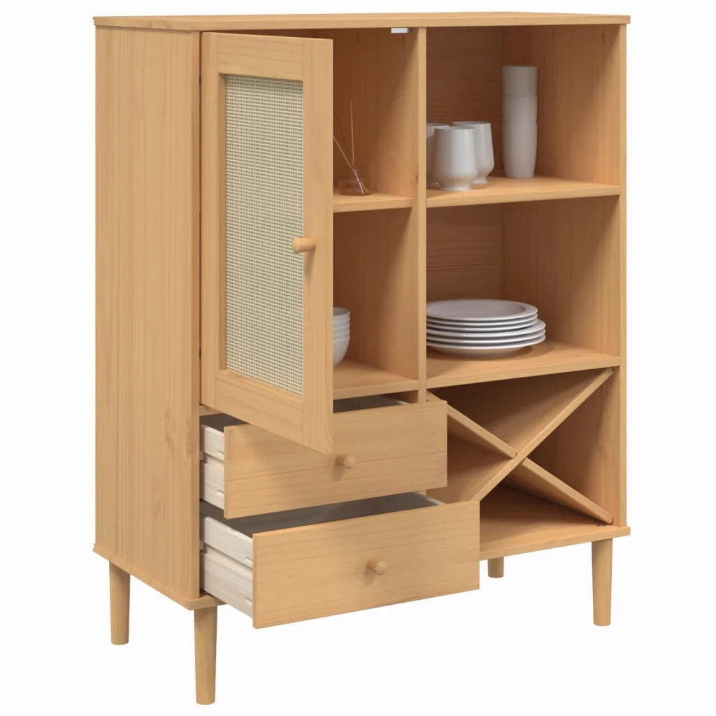 Credenza SENJA Aspetto Rattan Marrone 90x40x112cm Massello Pino 358052