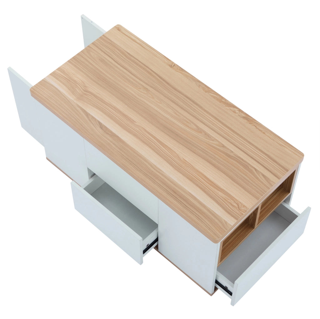 Tavolino da caffè elevabile 100x51x47 cm bianco e legno, 2 cassetti, truciolare,