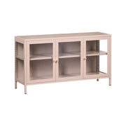 Credenza in acciaio con vetro temperato a 3 ante e ripiani regolabili beige arredi per il soggiorno dal design moderno.