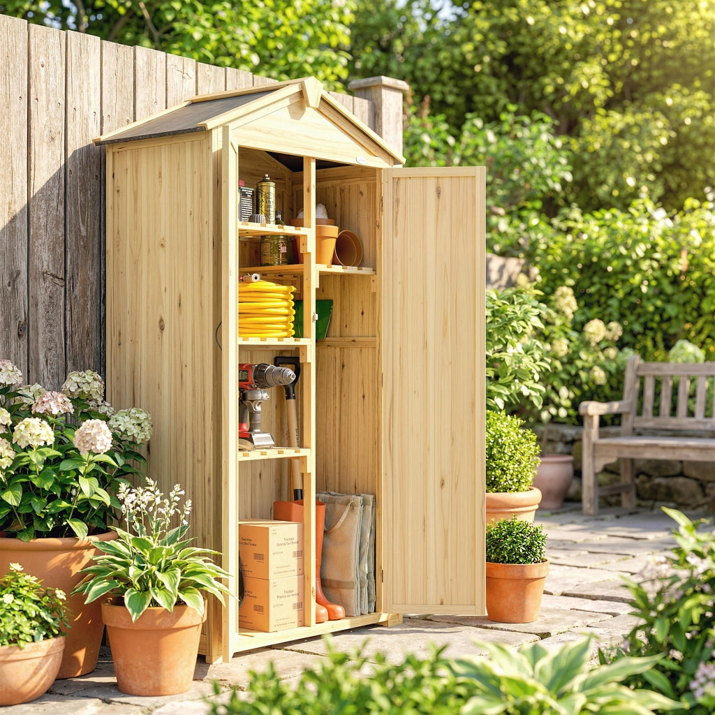 Armadio da Giardino 93x53x168 cm a 3 Ante con 4 Ripiani e Ganci in Legno di Abete Naturale