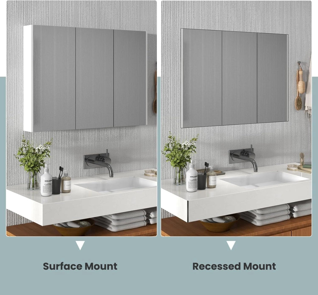 Mobiletto Bagno con Specchio, Specchio Bagno con 2 Ripiani di Stoccaggio, 90x11x65 cm, Bianco