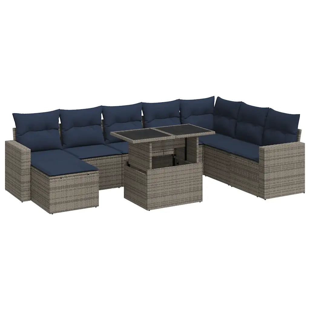 Set Divano da Giardino 9pz con Cuscini Grigio Polyrattan Acacia