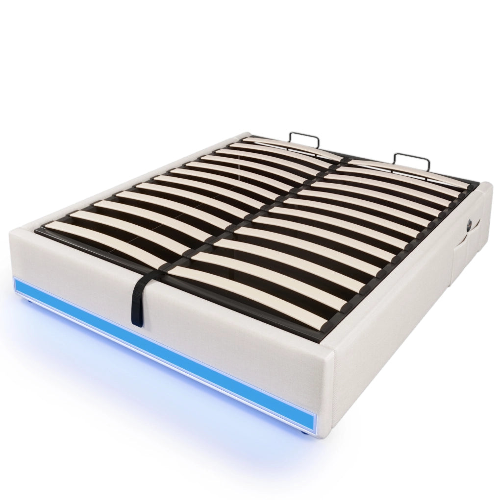 Letto contenitore 140x200 cm con LED multicolore e vano idraulico in lino beige