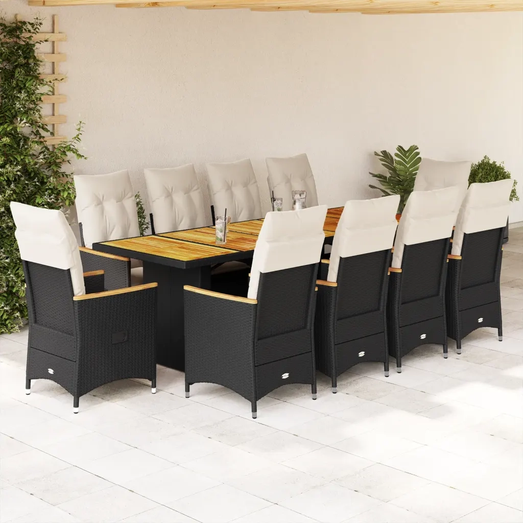 vidaXL Set da Bistrò da Giardino 11 pz con Cuscini Nero in Polyrattan
