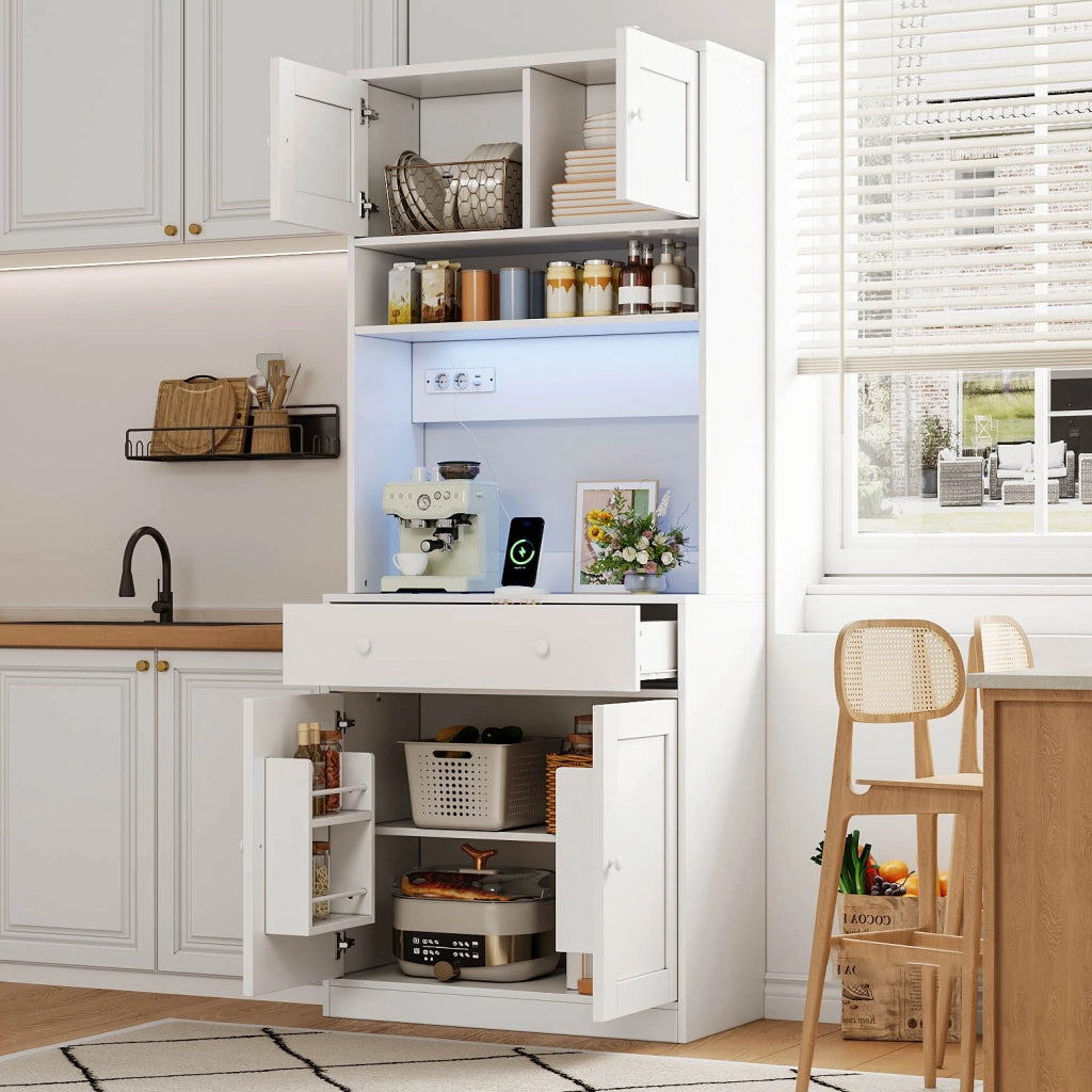 Credenza da cucina alta 180 cm con LED, prese e ampio spazio contenitivo, bianco