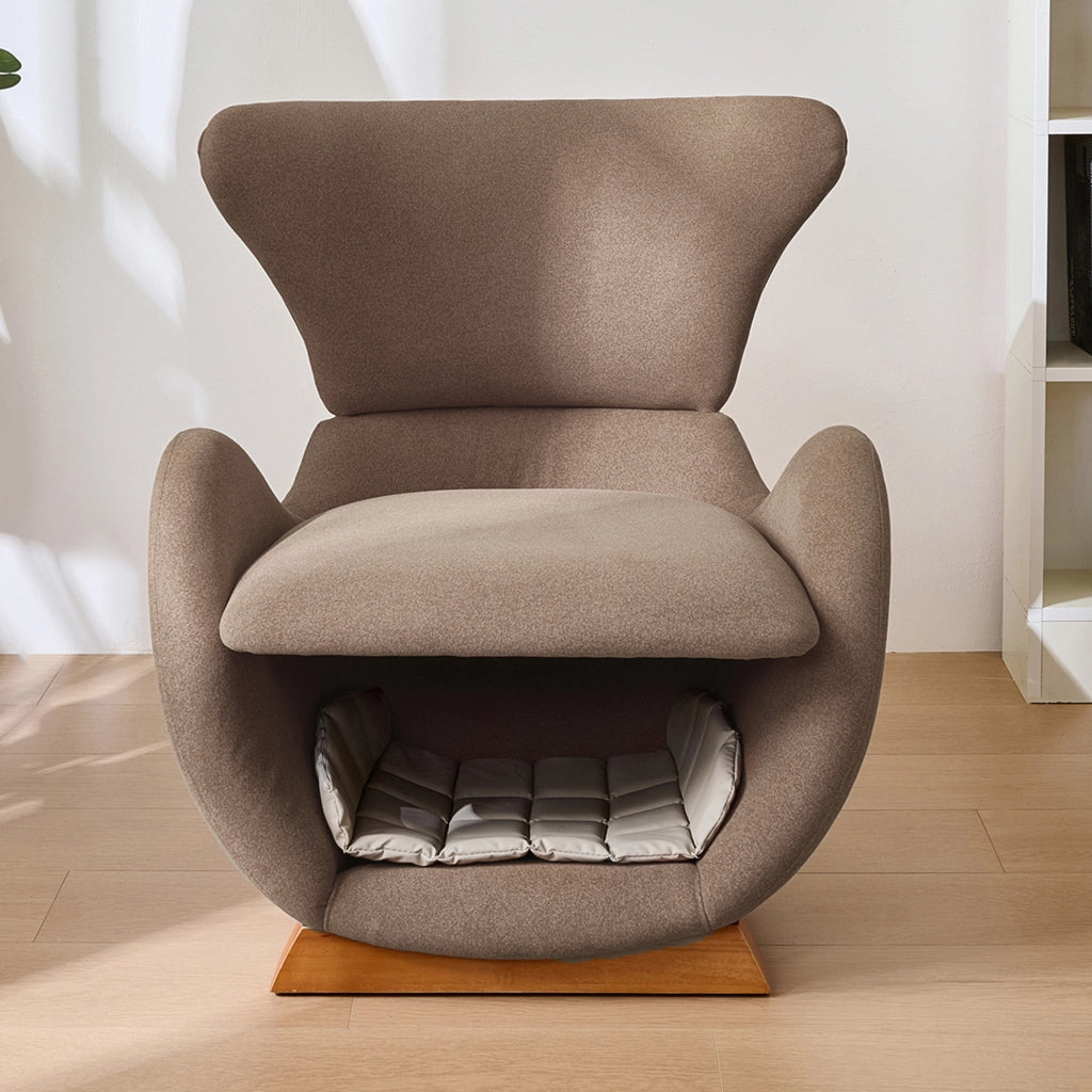 Poltrona lounge design con cuccia integrata per animali; 66 cm in tessuto marrone e legno