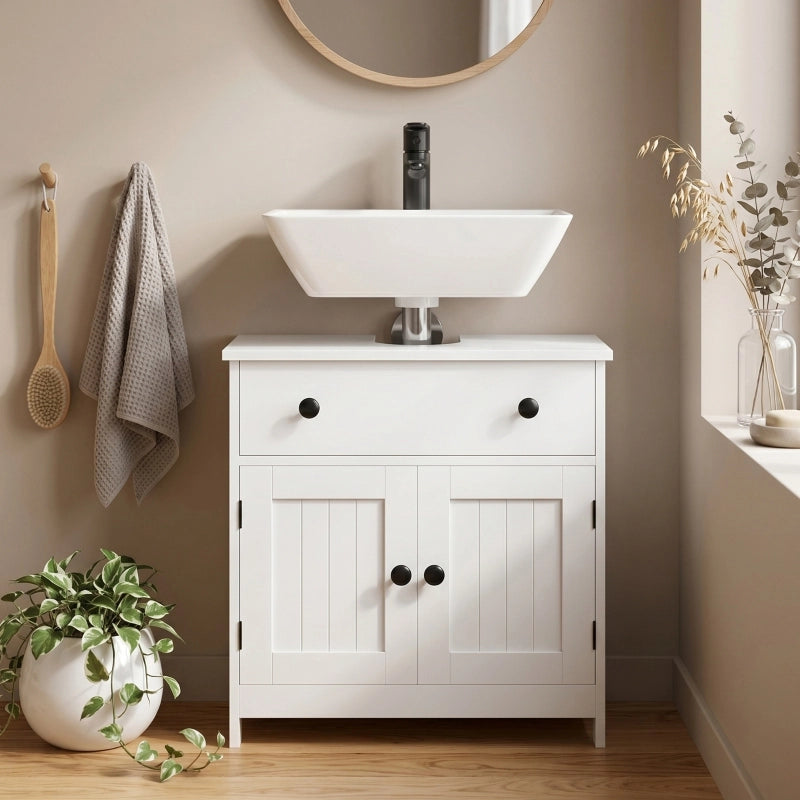 Mobile bagno moderno e autoportante con cerniere a chiusura ammortizzata, cassetto e 2 ante, bianco.