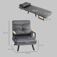 Poltrona Letto 3 in 1 con Schienale Reclinabile in 5 Posizioni e Cuscino, 63x73x81 cm, Grigio Scuro
