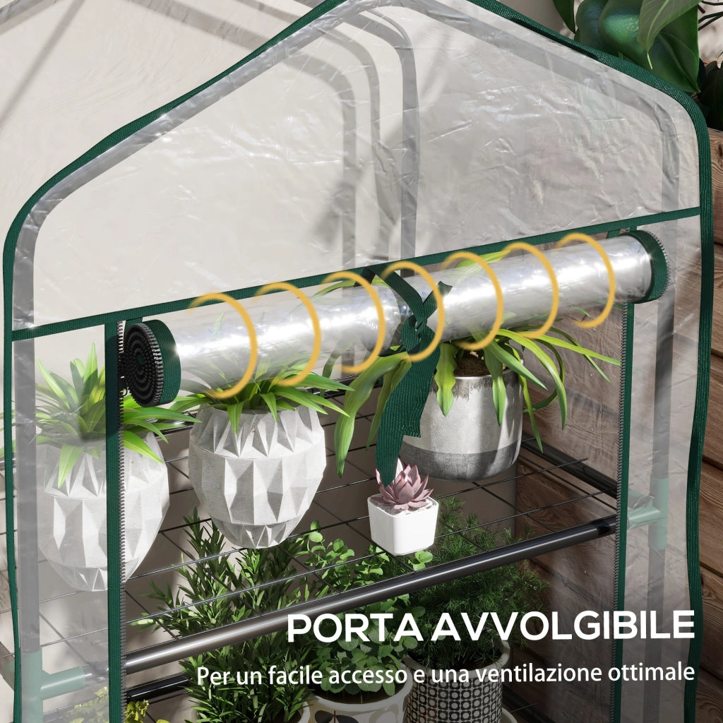 Mini Serra da Giardino 59x39x127 cm con Copertura 3 Ripiani e Porta Avvolgibile in PE Trasparente