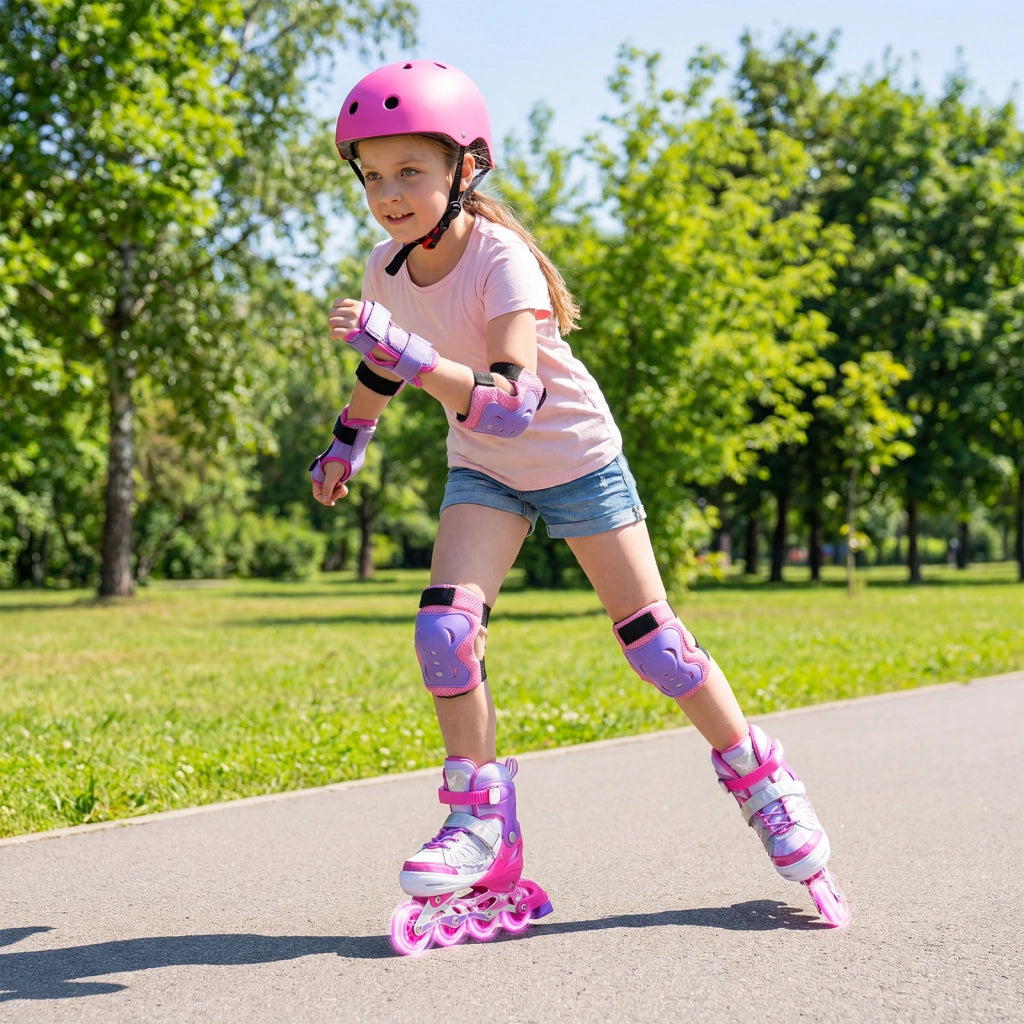 Pattini in linea per bambini con ruote luminose, Pattino a rotella per principiante misura regolabile professionale sport Rosa L