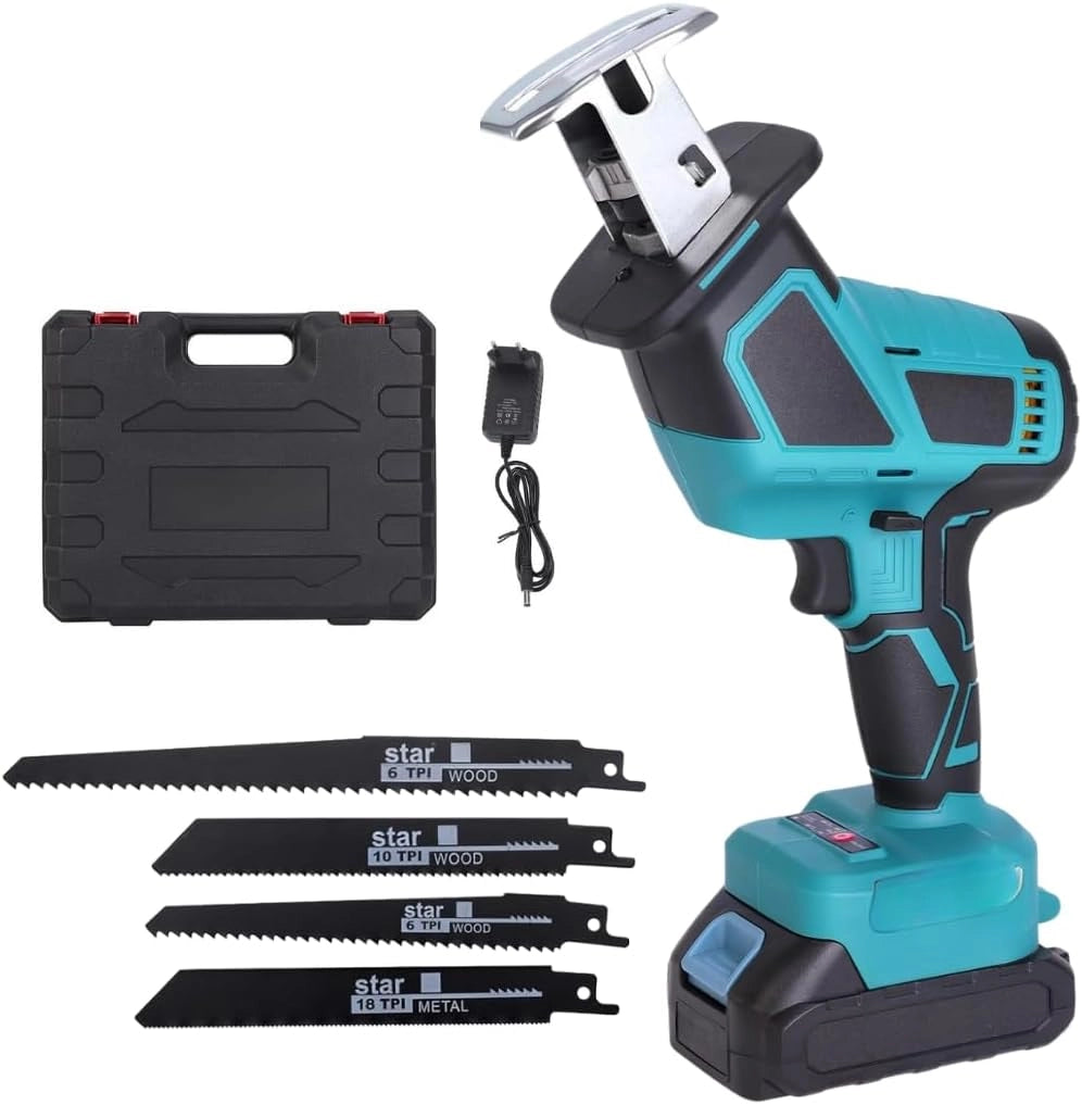 Sega a Gattuccio a Batteria 210W con 2 Batterie da 48V, Motore Brushless a 2 Velocità - Velocità Variabile 0-3000 SPM, Include 2 Batterie da 2Ah, Caricabatterie e 4 Lame per Taglio