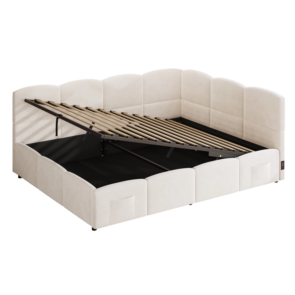 Letto imbottito con funzione divano e contenitore in velluto beige 140x190 cm