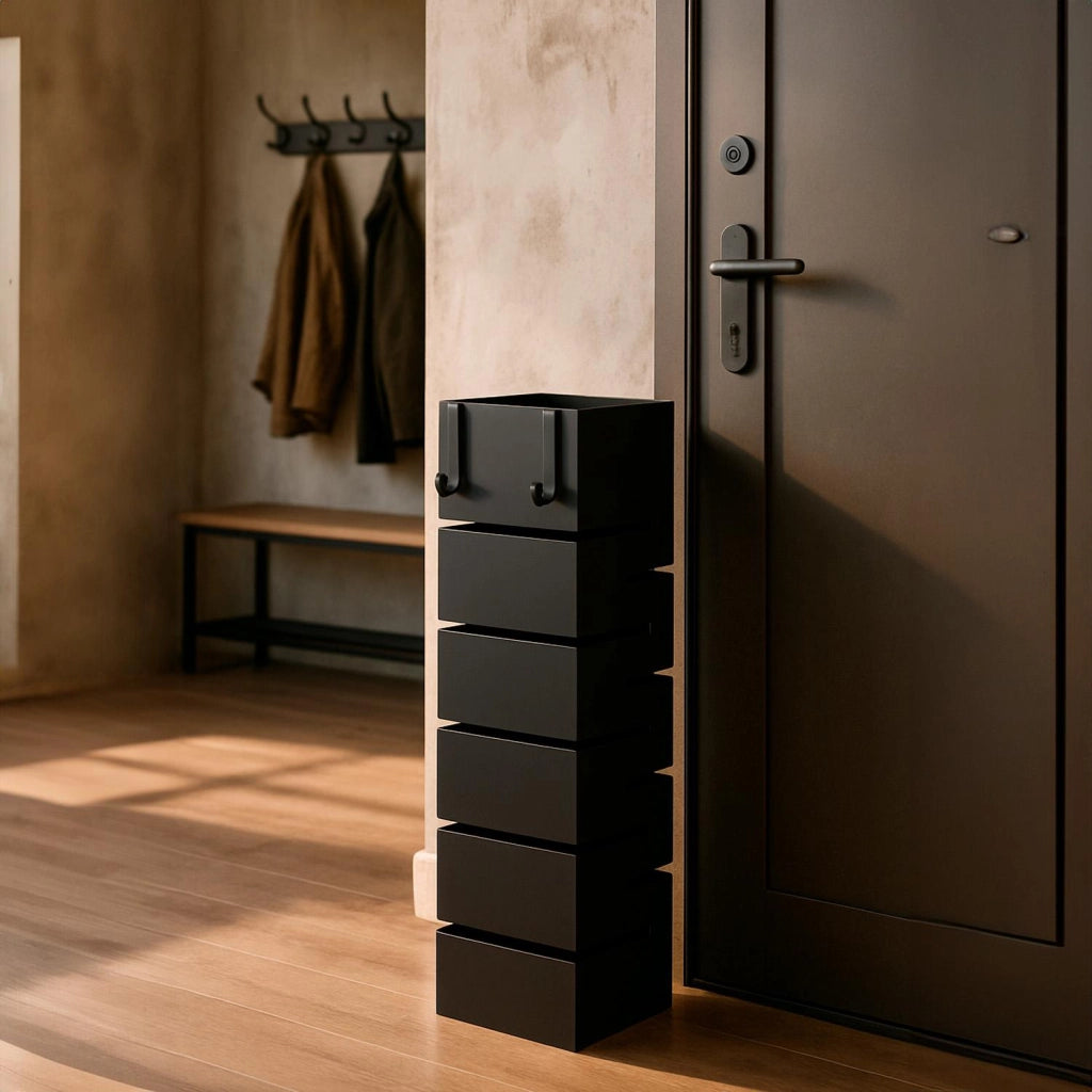 Portaombrelli Design Moderno In Acciaio Zincato Per Interno Esterno Con Vaschetta Scolapioggia Base Antiscivolo 2 Ganci Removibili Struttura Robusta Nero 49 X 15.5 X 15.5 Cm