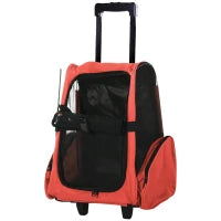 Trasportino Zaino 2 in 1 per Cani e Gatti con Tasche Laterali, Maniglia Telescopica e Ruote, 42x25x55cm, Rosso