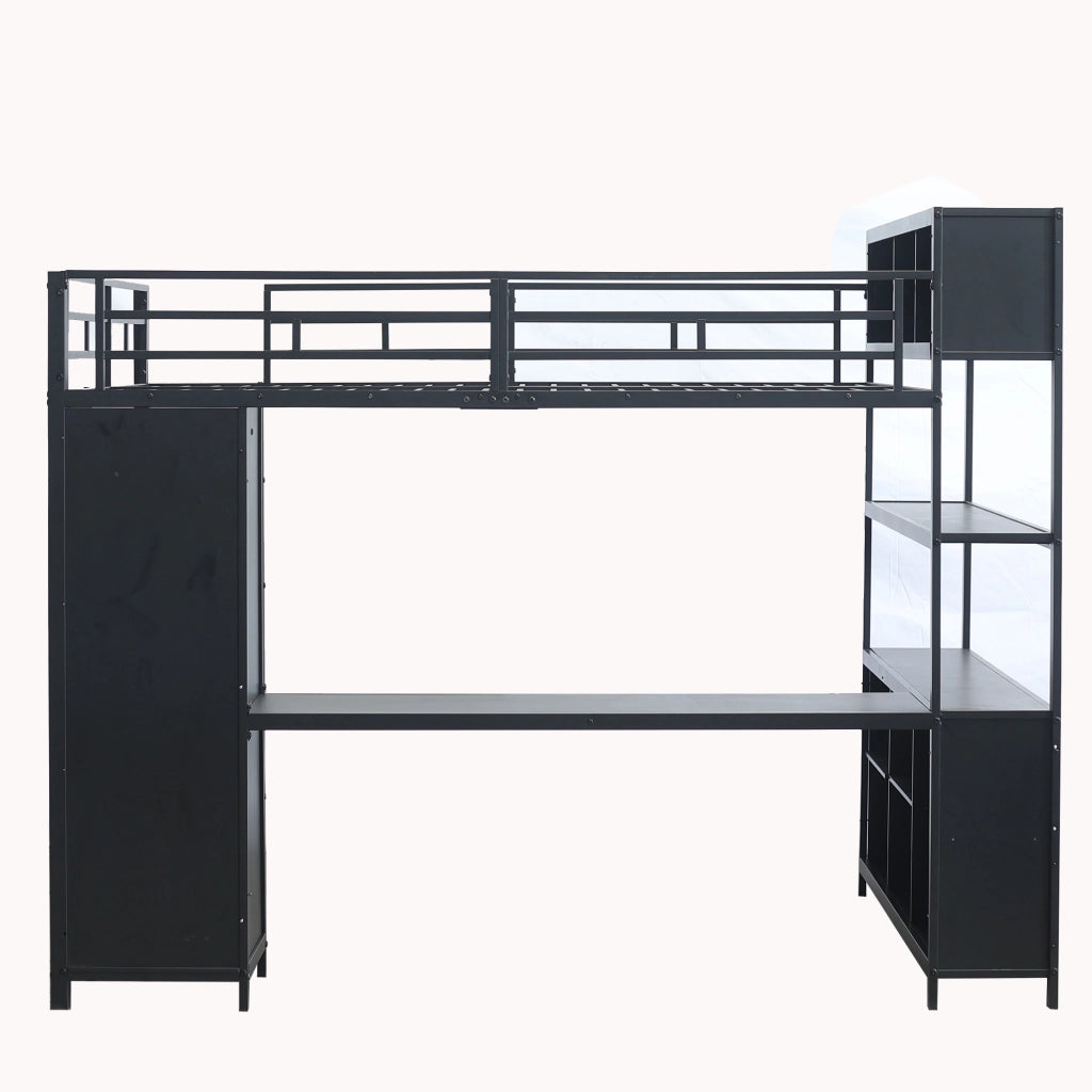 OKWISH Letto a Soppalco 140×200 cm, Letto Matrimoniale con Scrivania, Doppio Spazio Contenitore, Armadio e Vano Contenitore, senza Materasso, Nero