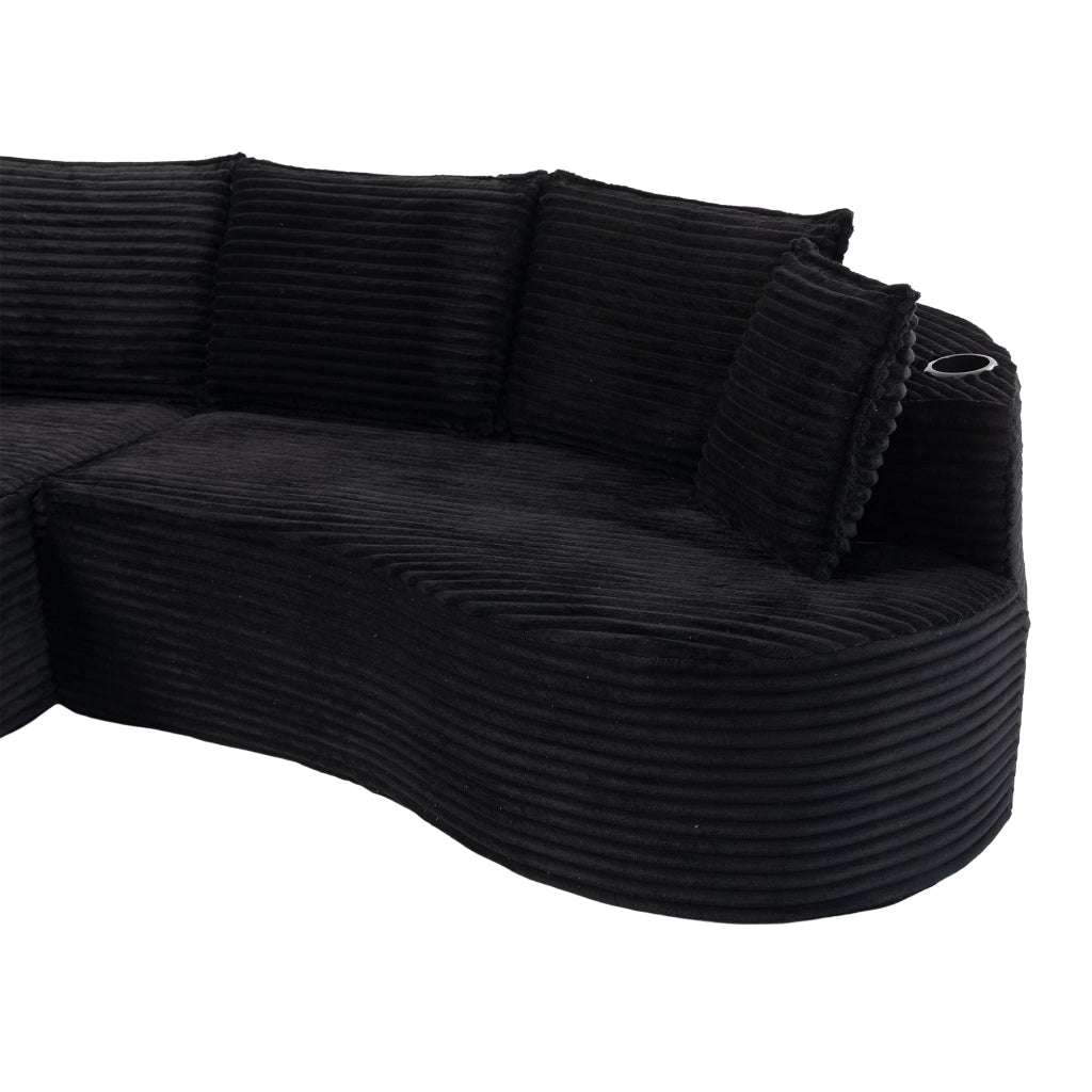 Divano curvo in velluto a coste, con portabicchieri e tasche laterali, 250×152×82 cm, nero