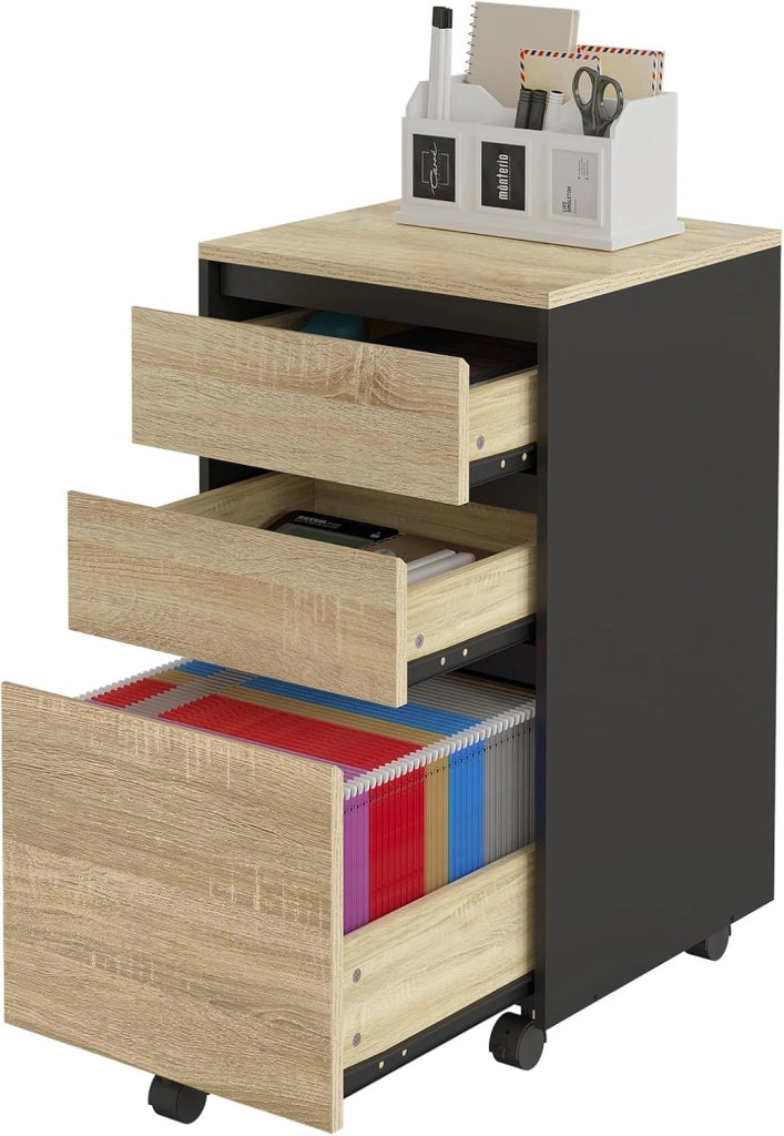 Cassettiera da Ufficio, Cassettiera Portadocumenti a 3 Cassetti, Mobiletto Portaoggetti con Ruote per Studio, Camera da Letto,in Legno, Rovere Chiaro e Nero, 40x40x70cm, ASK01hei