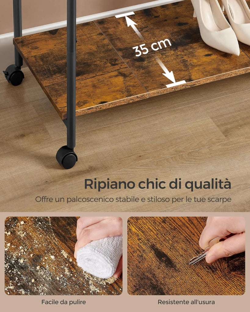 SONGMICS Stand Appendiabiti con Ruote, Attaccapanni Doppio con Ripiano, Largo 98,5 cm, Regge 100 kg in Totale, Struttura in Acciaio, Marrone Vintage e Nero Inchiostro HSR152B01